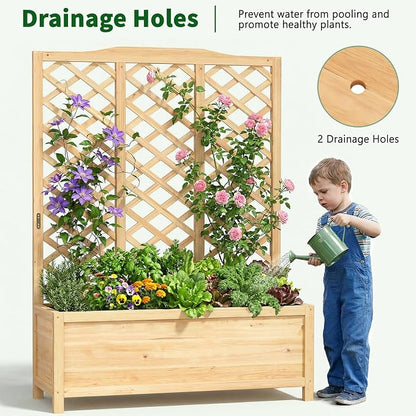 Wooden Raised Garden Bed with Trellis, Freestanding Planter Box with Drainage for Vines Climbing Plants Flowers Herbs, Elevated Gardening Planter for Backyard Balcony Patio