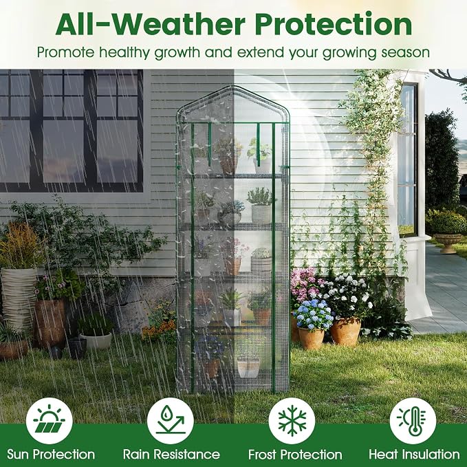 Giantex Mini Greenhouse Indoor Outdoor, 27" x 19" x 75" Portable Plant Grow House with 5 Tier Shelves, PE Cover, Roll-Up Zipper Door, Rustproof Elector-Coating Metal Frame for Patio Balcony Garden