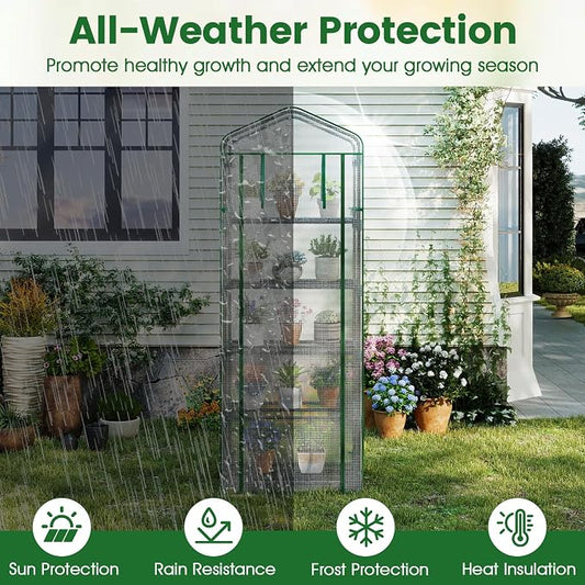 Giantex Mini Greenhouse Indoor Outdoor, 27" x 19" x 75" Portable Plant Grow House with 5 Tier Shelves, PE Cover, Roll-Up Zipper Door, Rustproof Elector-Coating Metal Frame for Patio Balcony Garden