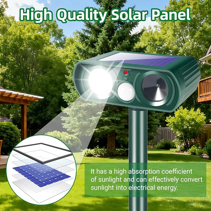 2026 Sonic Fortress Pro Deer Repellent Devices,2 Pcs Solar Animal Repellent Ultrasonic Outdoor for Squirrel Rabbit Skunk Racoon Cat Strobe Light,IP65 Waterproof Motion Sensor Animal Repeller for Yard