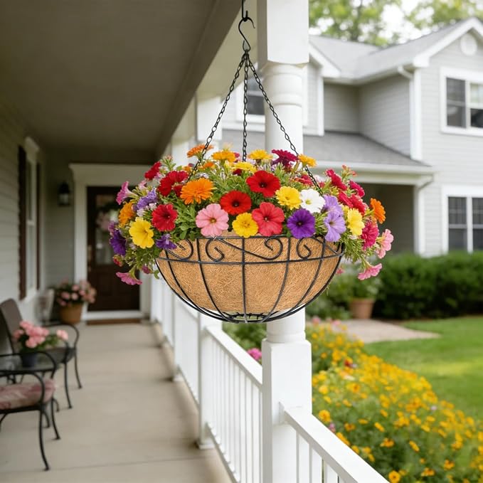 4 Pack 14 Inch Hanging Baskets for Plants Outdoor Metal Hanging Planter Basket with Coco Coir Liner Hanging Flower Pots Holder for Garden, Patio(Flower)