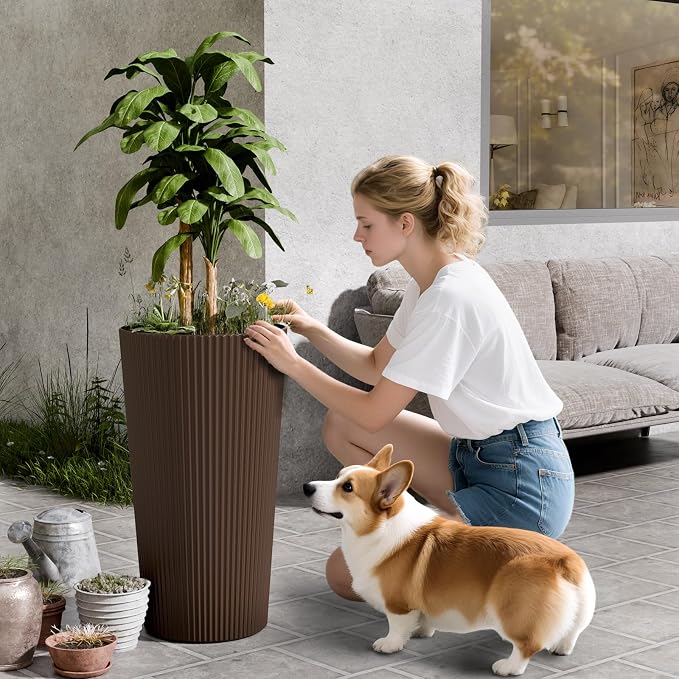 24" Tall Planters for Outdoor Plants,Large Outdoor Planters for Front Porch Decor with Drainage Hole, Flower Pots Fits Indoor Plants Patio/Garden, Plastic Striped Brown(2 Pack)