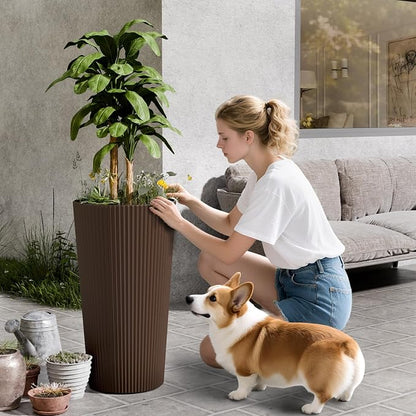 24" Tall Planters for Outdoor Plants,Large Outdoor Planters for Front Porch Decor with Drainage Hole, Flower Pots Fits Indoor Plants Patio/Garden, Plastic Striped Brown(2 Pack)