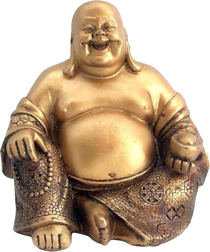 Bellaa Laughing Buddha Statue - 6 Inch Feng Shui Happy Monk Budai Hotei Figurine for Wealth, Luck & Happiness - Chinese Buddhist Zen Decor Copper Gold Finish Resin 21770