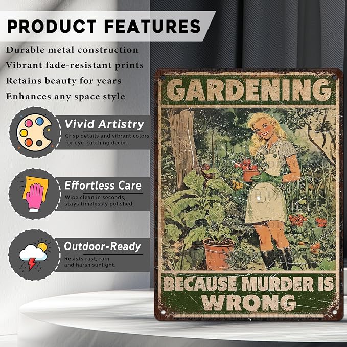 Retro Garden Tin Sign Gardening Because Murder Is Wrong Vintage Plant Lovers Metal Poster Funny Women's Wall Art Man Cave Bar Cafe Outdoor Plaque Room Greenhouse Club 12 * 16inch