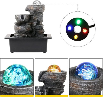 Dyna-Living Water Fountain Indoor Tabletop Waterfall Fountain with LED | Colorful Light Indoor Fountains and Waterfalls with Rolling Ball, Quiet Pump for Relaxation, Zen Home & Office Desk Décor