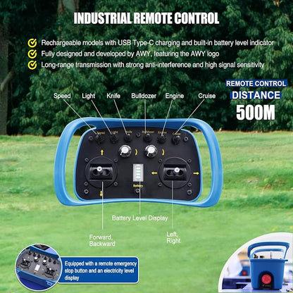 Remote Control Lawn Mower with Snow Plow, Crawler Track All-Terrain Machine, Oil-Electric Hybrid Power for Extreme Slopes and Large Turf, Adjustable Cutting Height