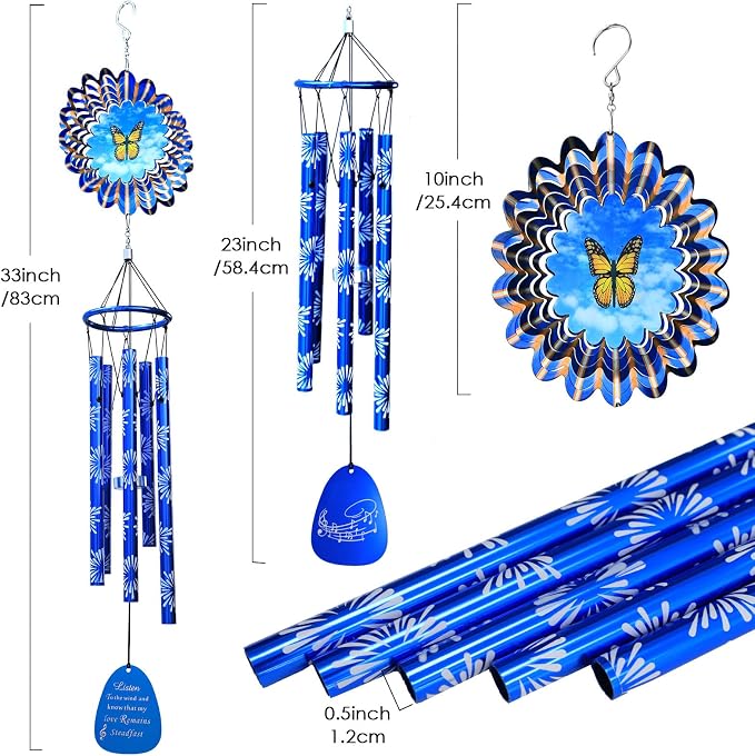 Memorial Wind Chimes with Animated Butterfly Wind Spinner, Wind Chime Outdoor Clearance, 33 inch Sympathy Windchimes, Outdoor Garden Decor & Heartfelt Gifting, Suitable as A Gift for Unisex