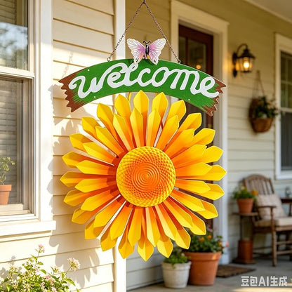 1 Pcs Metal Hanging Wind Spinners with Welcome Sign, 11.8 inch, Orange | Metal Sunflower Welcome Sign with Butterfly, Outdoor metal wall art decor, outside wall art Gardon decoration