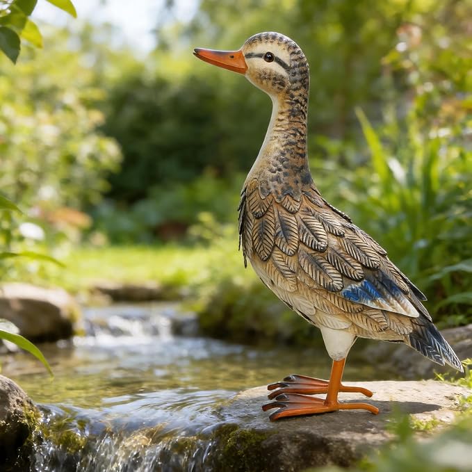 Shorayn Garden Statue Metal Duck Life-Size Mallard Indoor Outdoor Decor Handmade Iron