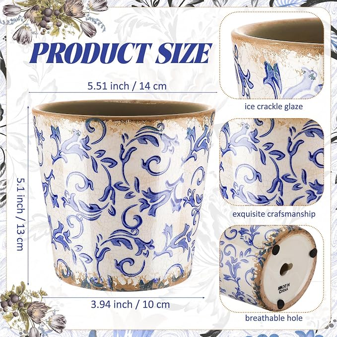 Beeveer Farmhouse Ceramic Planter 5.5 Inch Large Plants Pot Crack White Blue Flowers Plant Pots with Drainage Hole Indoor Plants Kitchen Rustic Antique Decor Gift