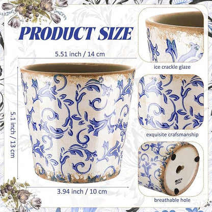 Beeveer Farmhouse Ceramic Planter 5.5 Inch Large Plants Pot Crack White Blue Flowers Plant Pots with Drainage Hole Indoor Plants Kitchen Rustic Antique Decor Gift