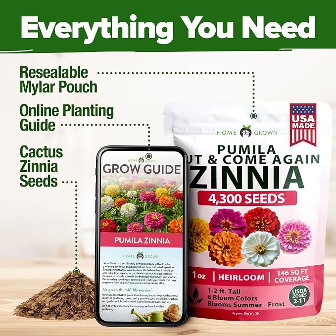 HOME GROWN Zinnia Seeds Mix – 4300 Pumila Compact Zinnia Flower Seeds for Planting Outdoors | Bulk Colorful Annual Cut Flowers for Summer Gardens & Containers (Zinnia elegans)