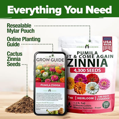 HOME GROWN Zinnia Seeds Mix – 4300 Pumila Compact Zinnia Flower Seeds for Planting Outdoors | Bulk Colorful Annual Cut Flowers for Summer Gardens & Containers (Zinnia elegans)