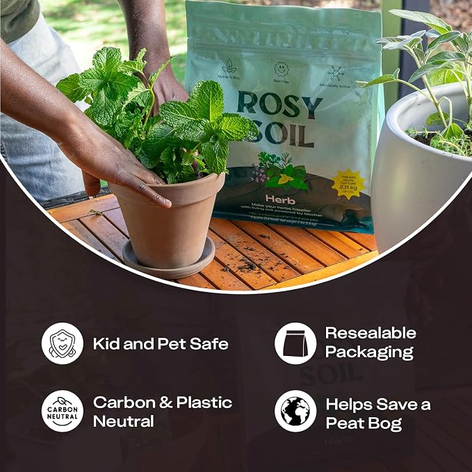 Rosy Soil Herb Mix, Organic Indoor and Outdoor Herb Potting Soil, 4 Quarts | Biochar, Worm Castings, Mycorrhizae Blend, Peat-Free, Fast Draining, for Basil, Cilantro, Lavender, Thyme, Mint, Rosemary