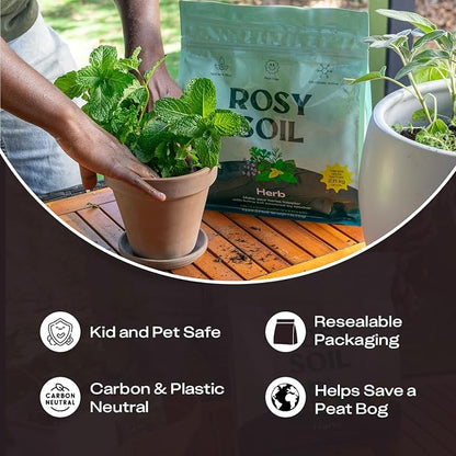 Rosy Soil Herb Mix, Organic Indoor and Outdoor Herb Potting Soil, 4 Quarts | Biochar, Worm Castings, Mycorrhizae Blend, Peat-Free, Fast Draining, for Basil, Cilantro, Lavender, Thyme, Mint, Rosemary