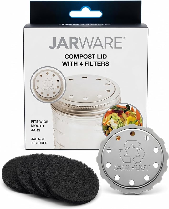 Jarware Mason Jar Lid, Stainless Steel Compost Lid For Wide Mouth Mason Jars, With 4 Charcoal Filters