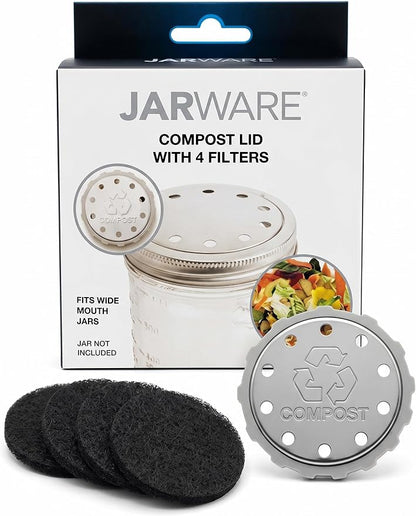 Jarware Mason Jar Lid, Stainless Steel Compost Lid For Wide Mouth Mason Jars, With 4 Charcoal Filters