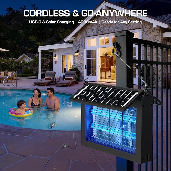 Solar Bug Zapper Outdoor with Dual Solar Panels, PhatroyYee 4500V Cordless Waterproof Mosquito Zapper, Auto On/Off, USB-C & Solar Powered Electric Fly Zapper Trap Killer for Patio Backyard RV Camping