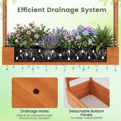 Giantex Wooden Raised Garden Bed with Trellis & Hanging Roof, Fir Wood Planter Box, 45” Freestanding Elevated Garden Bed for Outdoor Climbing Plants Vegetables Flowers, Patio & Balcony, Orange