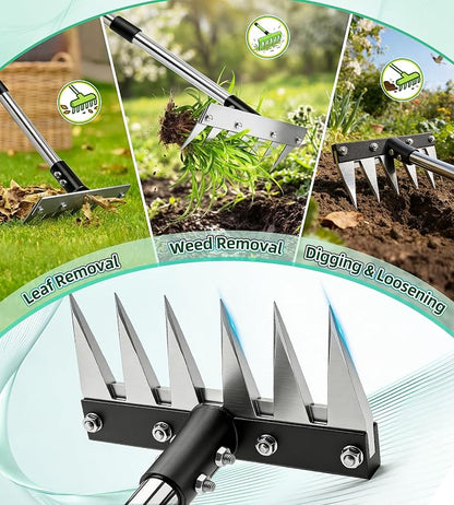 Weed Rake Tool for Garden, 2.0 Upgraded Heavy Duty Iron Weed Puller Tool with 71" Adjustable Long Handle, 6 Teeth Garden Rake Manual Weed Remover for Lawn, Yard, Garden | Heavy Duty, 71" Adjustable Long Handle