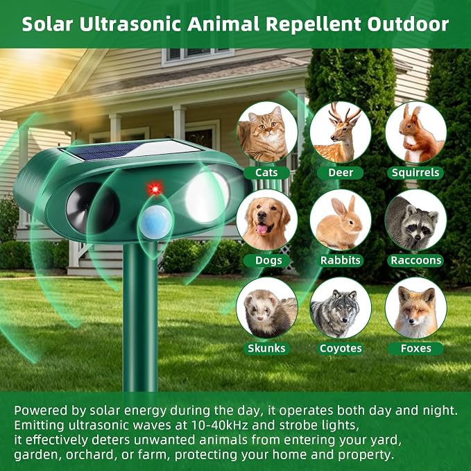 4Pcs Sonic Fortress Pro Deer Repellent Device,Solar Animal Repeller Outdoor | Motion Activated Cat Deterrent Racoon Squirrel Fortress Pro with Strobe Light,USB Charging Skunk Repellent for Yard Garden