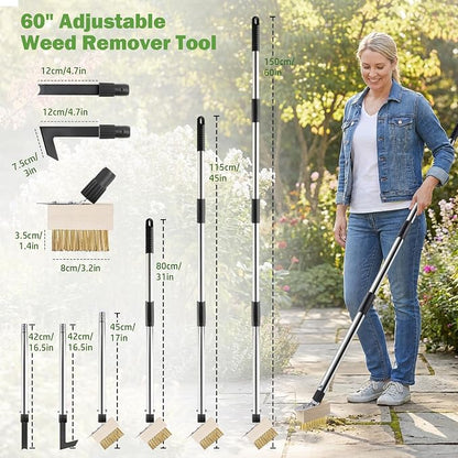 Crack Weeder Tool Set, Weed Scraper Tool Moss Brush Scraper Set Combo, 60" Crevice Weeding Tool for Sidewalk Cracks, 3 Different Weed Remover Tool Heads for Driveways, Patios, Pavers, Garden Cracks