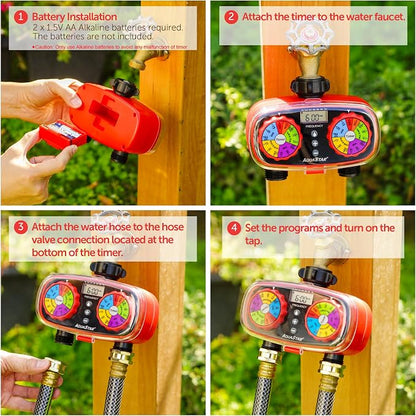 AQUASTAR Two-Zone Hose Watering Timer (Red) Garden Hose Sprinkler Timer, Automatic Irrigation for Lawn, Garden, Yard, Two Outlets