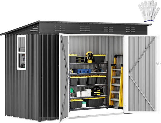 DWVO 9x4ft Large Tool Storage Shed with Window, Lockable Doors, and Sloped Roof, Oversized Steel Outdoor Storage Shed for Garden, Patio, Garage, Backyard, Lawn - Dark Gray