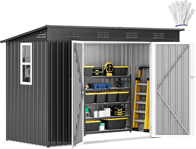 DWVO 8.5x3.5ft Large Tool Storage Shed with Window, Lockable Doors, and Sloped Roof, Oversized Steel Outdoor Storage Shed for Garden, Patio, Garage, Backyard, Lawn - Dark Gray
