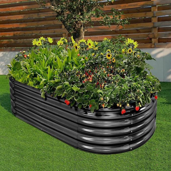 Land Guard 18“ Tall 4×2ft Galvanized Raised Garden Bed Kit, Galvanized Planter Garden Boxes Outdoor, Oval Large Metal Raised Garden Bed for Vegetables……… (Dark Grey, 4×2×1.5ft)