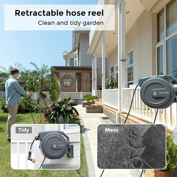 Giraffe Tools Retractable Hose Reel 1/2 in x130 FT PRO Metal Bracket Wall Mounted Heavy Duty Hose Reel with 7 Pattern Nozzle 180 Deg Swivel, Metal Bracket Any Length Lock (1/2 130FT PRO, Dark Grey)