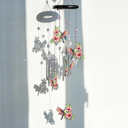 YU FENG Hummingbird Memorial Wind Chime, Crystal Suncatcher Garden Decor | 27 Inch Pink Metal Wind Chime, Hummingbird Design, Sympathy Gift For Women Mom Grandma, Outdoor Hanging Decor