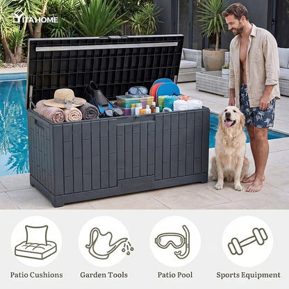 YITAHOME 120 Gallon Large Deck Box | 53"L x 22.7"W x 25.5"H Resin Outdoor Storage Box with Slide-Locking Black Lid for Patio Cushions, Garden Tools, Pool