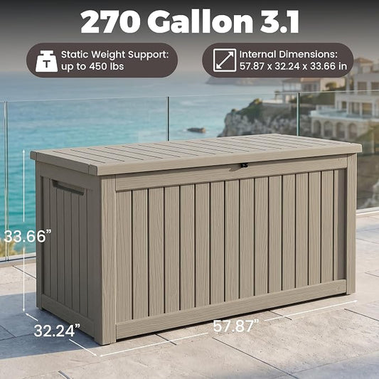 Outdoor Storage Box, 270 Gallon Waterproof Deck Box [Upgraded 3.1], Giant Resin Storage for Large Cushions, Heavy Duty Outside Lockable Bench Seat, Large Backyard Party, Grey