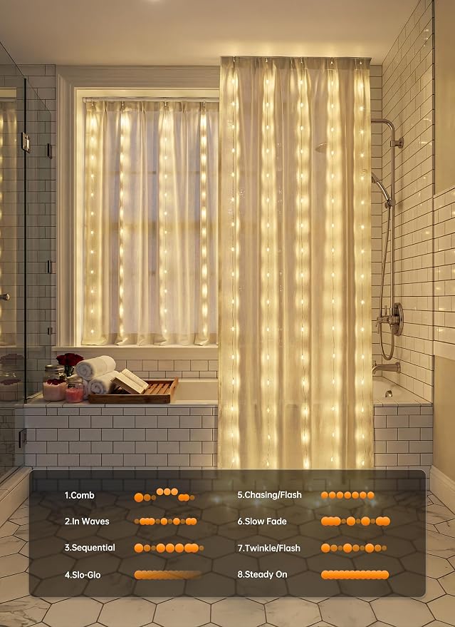 Brightown 180 LED Shower Curtain Lights, 70 Inch Warm White IP65 Waterproof Fairy Lights Battery Operated String Lights, 8 Modes Waterproof Christmas Lights for Indoor Outdoor Decor(No Curtain)