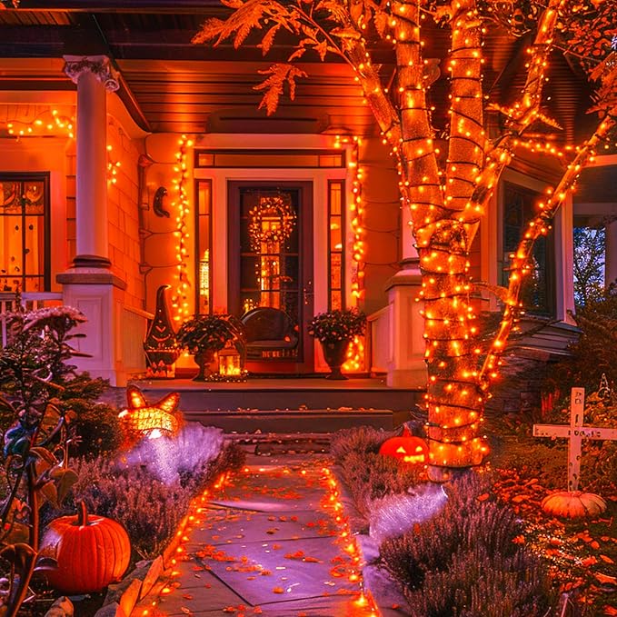 JMEXSUSS 600 LED Solar Halloween Lights, 206.7ft Solar String Lights Orange | Halloween Lights Outdoor Waterproof, 8 Modes Orange Halloween Lights for Outside Tree Patio Yard Halloween Decorations