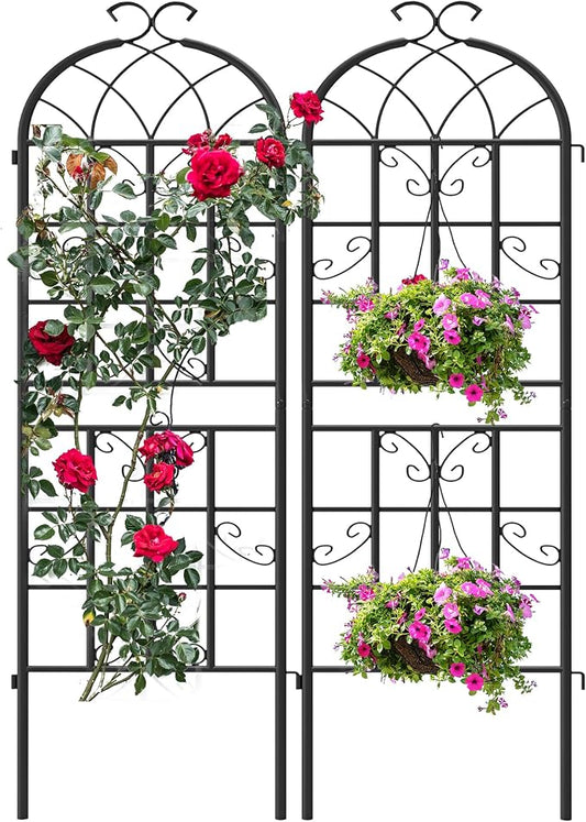 2-Pack 71" Black Metal Garden Trellises with Butterfly Design | Black metal trellises with butterfly arch design, scrollwork, spiked legs, and vertical support for roses, vines, or veggies