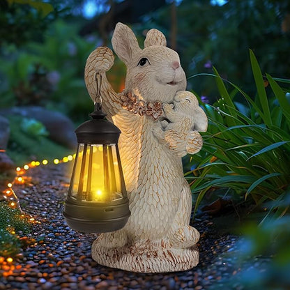 Solar Garden Statues Rabbit Lights, Outdoor Lighted Bunny Garden Decor Waterproof Figurines for Patio Porch Balcony Yard Lawn Lantern, Unique Easter Gifts for Mom Grandma Mother