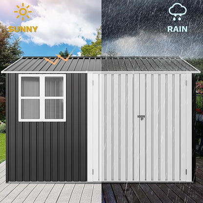 DWVO 10x10ft Large Tool Storage Shed with Window, Lockable Doors, and Sloped Roof, Oversized Steel Outdoor Storage Shed for Garden, Patio, Garage, Backyard, Lawn(Gray + White)