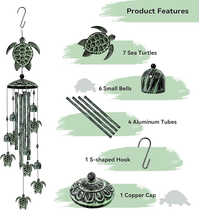 35" Turtle Wind Chimes for Outside, Turtle Wind Chimes Gifts for Mother's Day, Garden Decor for Outdoor Porch Patio Home Yard Decorations ﻿