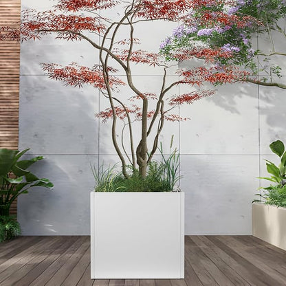 White Steel Planter Square Outdoor Planters Galvanized Steel Planter Box 26 Inch Indoor Metal Large Planters Cube Heavy Duty Planter Modern Commercial Residential for Trees Patio Yard Garden