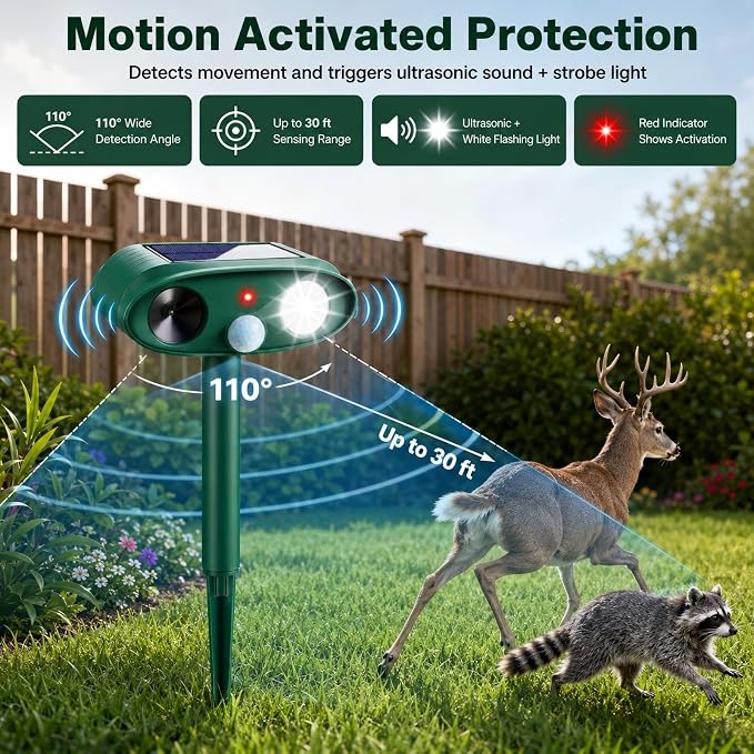 4Pcs Sonic Fortress Pro Deer Repellent Device,Solar Animal Repeller Outdoor | Motion Activated Cat Deterrent Racoon Squirrel Fortress Pro with Strobe Light,USB Charging Skunk Repellent for Yard Garden