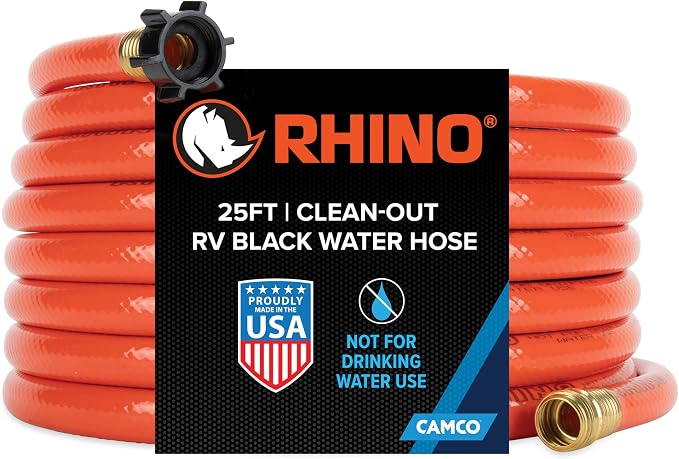 Camco Rhino 25-Ft Clean-Out Camper/RV Black Water Hose - Features a Heavy-Duty PVC Design & Bright Orange Color - Clean-Out Camper Black Water, Grey Water or Tote Tanks - 5/8” Inside Diameter (22990)