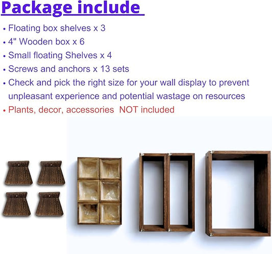 LaLaGreen Wooden Floating Shelves (13-Piece Set) Indoor Wall Mounted Plants | Planter Boxes for Indoor Plants, Decorative Wood Display Shadow Box Kitchen, Bathroom, Bedroom, Living Room, and Home Decor