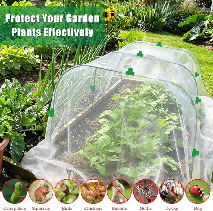 10 X 33 FT Garden Mesh Netting Kit Pest Barrier for Raised Beds, Fruit Tree Netting with 6 Sets Garden Hoops & 12 Clips for Cicadas Bird Insect, Blueberry Bush Netting Cover for Garden Protection