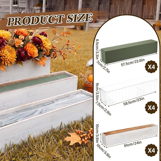 Sintuff 4 Set Rectangle Wooden Planters, 24 x 4 Inch Wood Boxes with Removable Plastic Liner & Floral Foam Blocks, Rustic Wood Planter for DIY Centerpieces Home Wedding Garden Bookshelf Decor (White)
