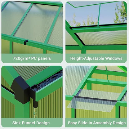 6X8 ft Greenhouse, Greenhouses for Outside, Aluminum Frame Polycarbonate Panels with Sliding Lockable Door and Ajustable Roof Vent, Spacious Walk-in Design for Backyard, Garden, Patio, Green