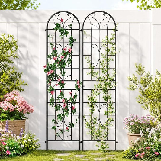 2-Pack 87" x 20" Ornate Scrollwork Arch Black Metal Garden Trellises | Set of 2 rust-resistant trellises with heart scrollwork, arched tops, stakes, and support for roses, vines, or vegetables
