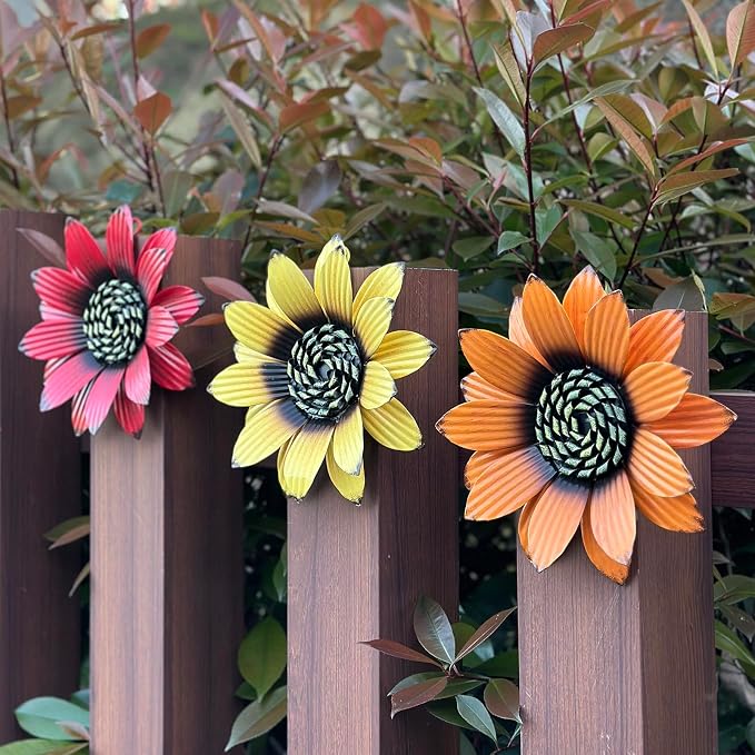 Sunflower Outdoor Metal Wall Art - 3Pack 9" Metal Flowers Wall Decor for Porch, Garden, Yard - Weather-Resistant Indoor Floral Wall Art - Durable Outdoor Wall Decor